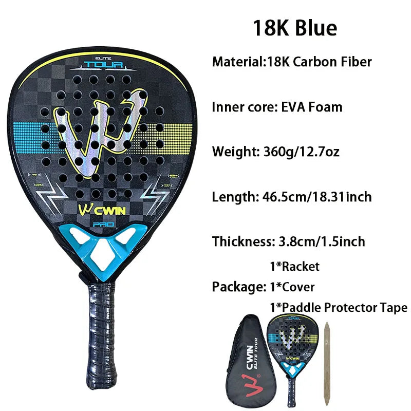 18k Camewin Carbon Surface EVA Foam Padel Racket – Lightweight Control Paddle with Carry Cover